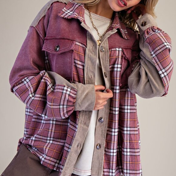 easel Tops - EASEL Burgundy Plaid & Corduroy Button Down Shacket
